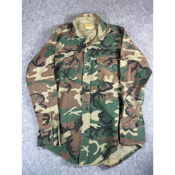 Vintage 90s Melton Deerskin Camo Button Up Shirt Mens Medium Green Brown Hunting - Picture 1 of 5